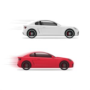 Cars racing fast vector, flat auto moving on high speed Cars racing fast vector illustration, flat auto moving on high speed with motion blur, race of two automobiles side view isolated on white background